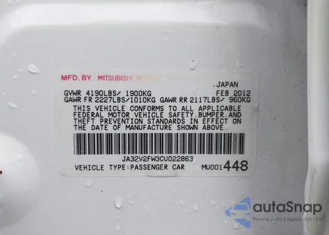 2012 Mitsubishi Lancer Se from USA, damaged, VIN JA32V2FW3CU022863